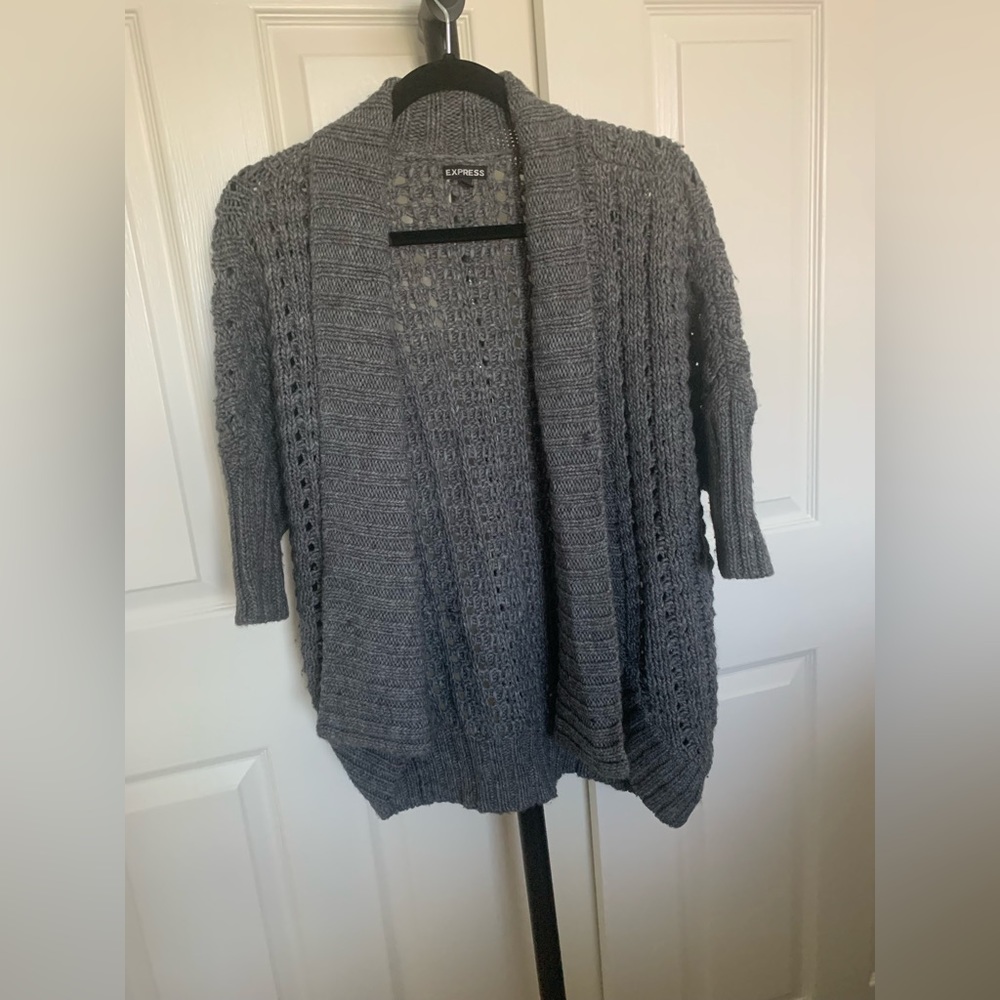 Express Charcoal Gray Open Front Crochet Sweater - image 2